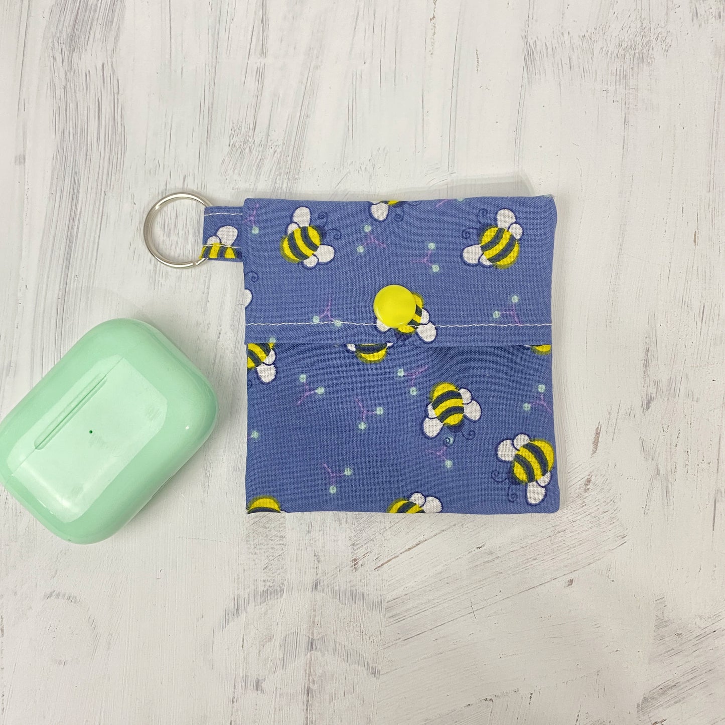 Bee Square Fabric Pouch Keychain, Headphone Holder, Ear Bud Pouch