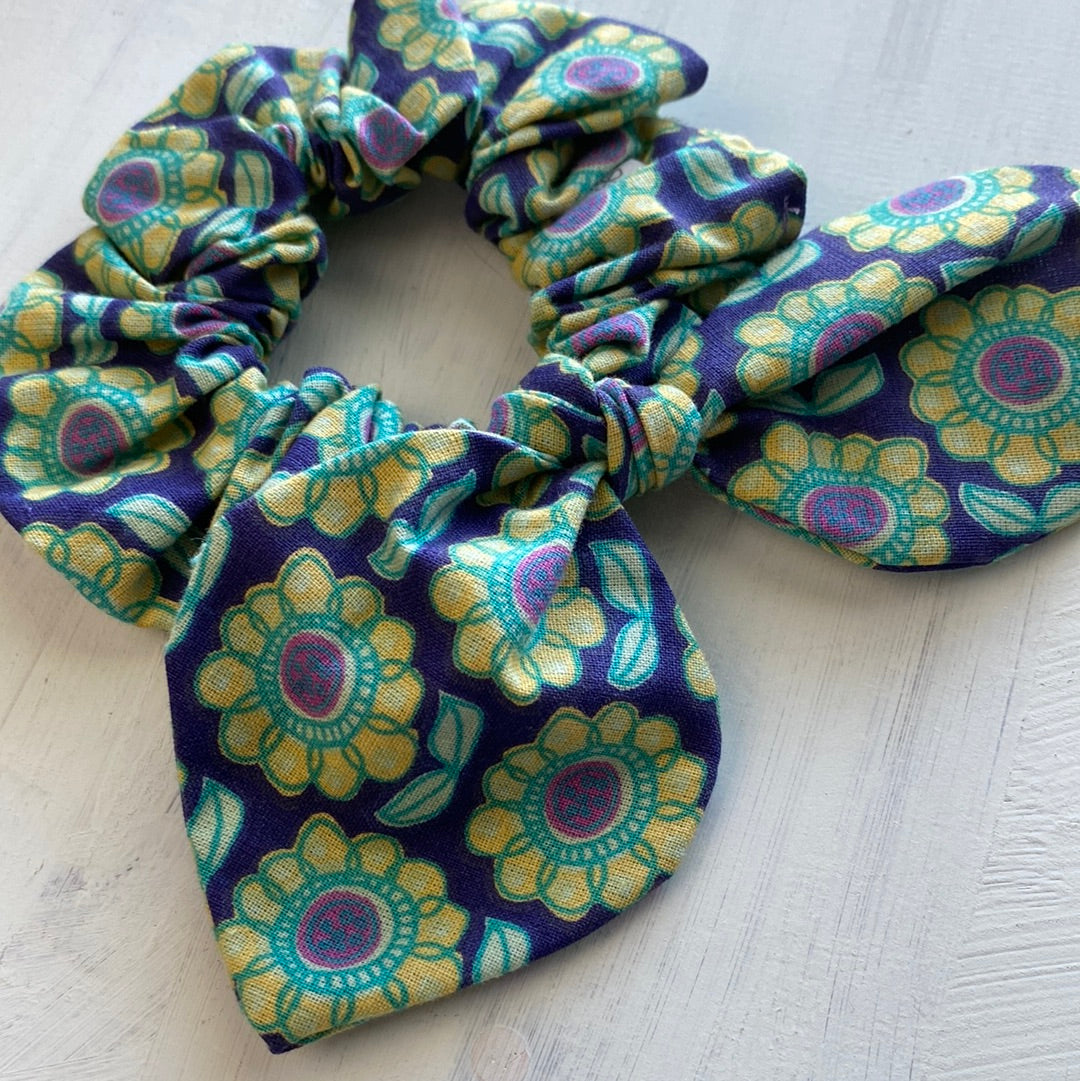 Bow Scrunchie Purple Yellow Flowers