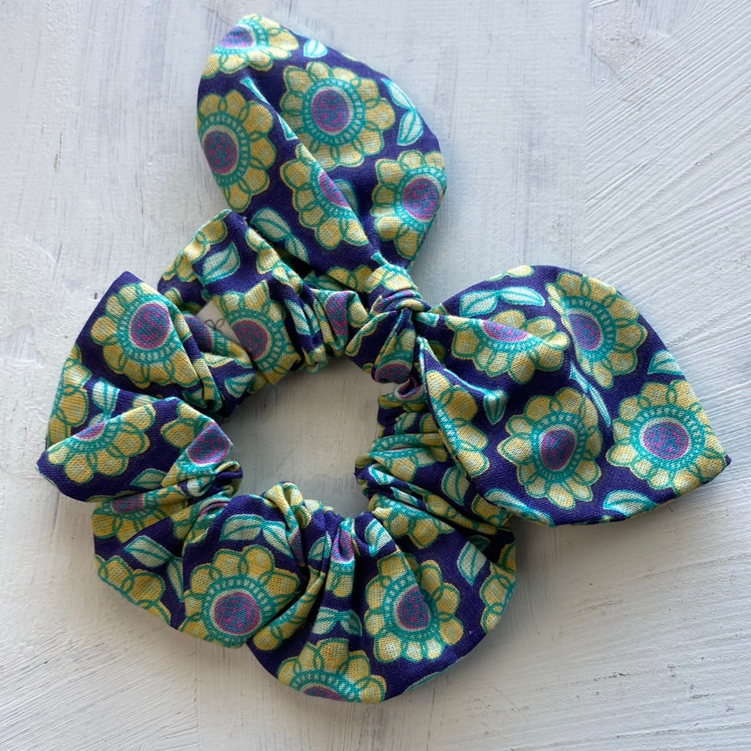 Bow Scrunchie Purple Yellow Flowers