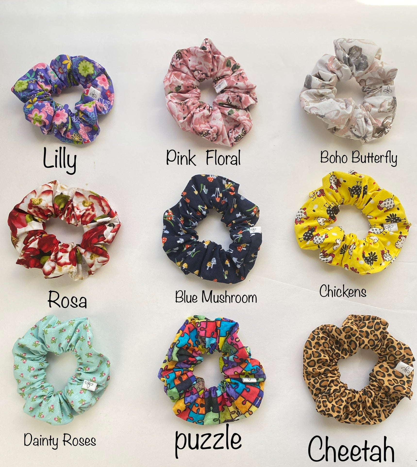 Colorful assortment of patterned scrunchies, vibrate collection of hair ties for a trendy look added to your ponytail or messy bun.
