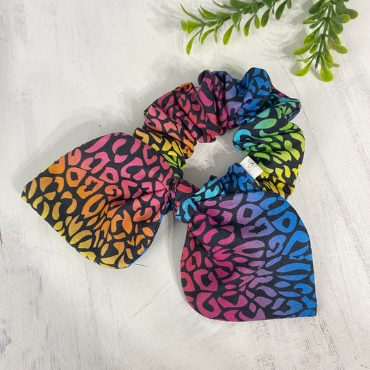 Bow Scrunchie Rainbow Cheetah on Black