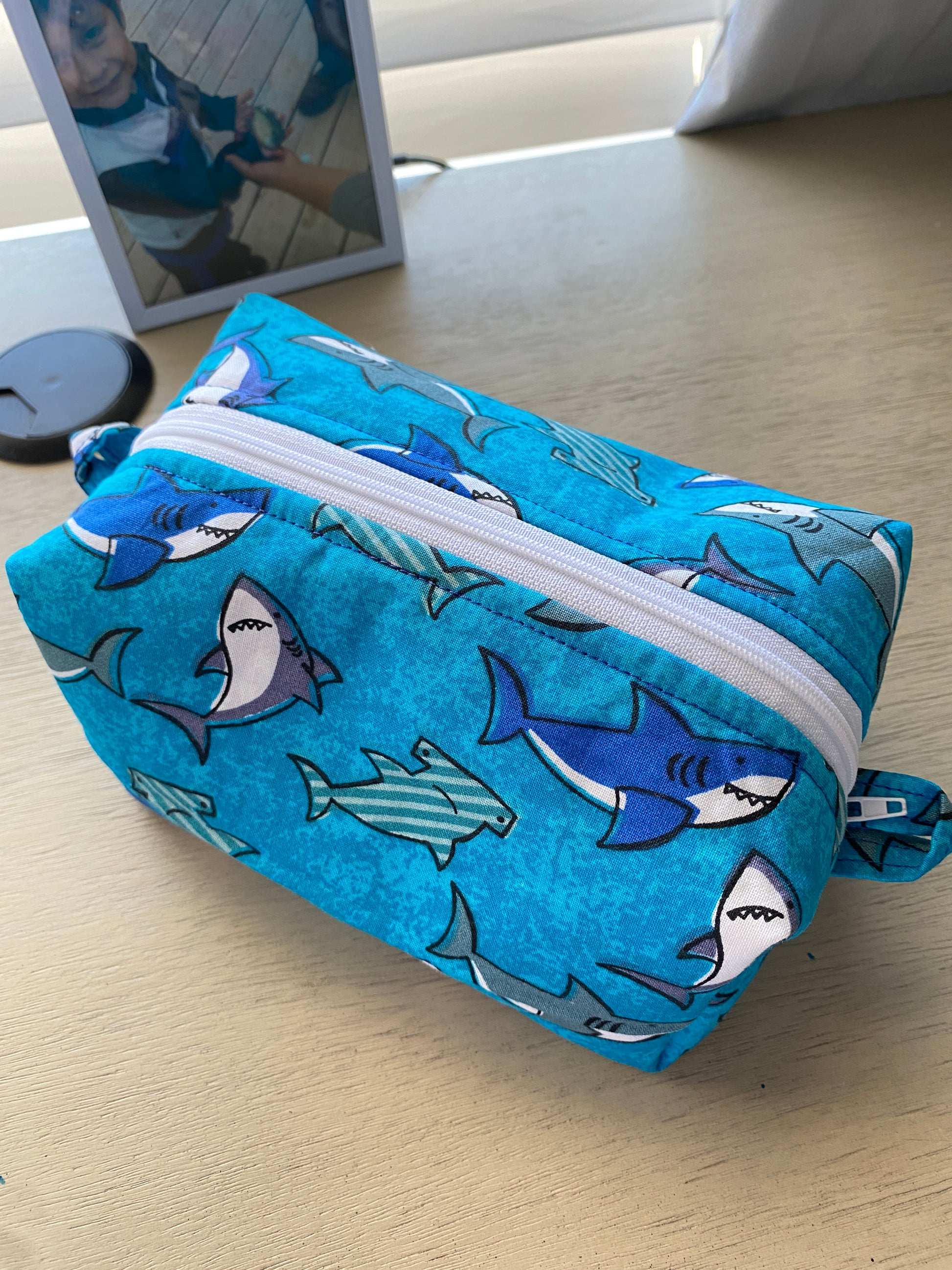 Shark Print, Blue Background, Cartoon Shark Makeup bag Boxy Bag Pouch