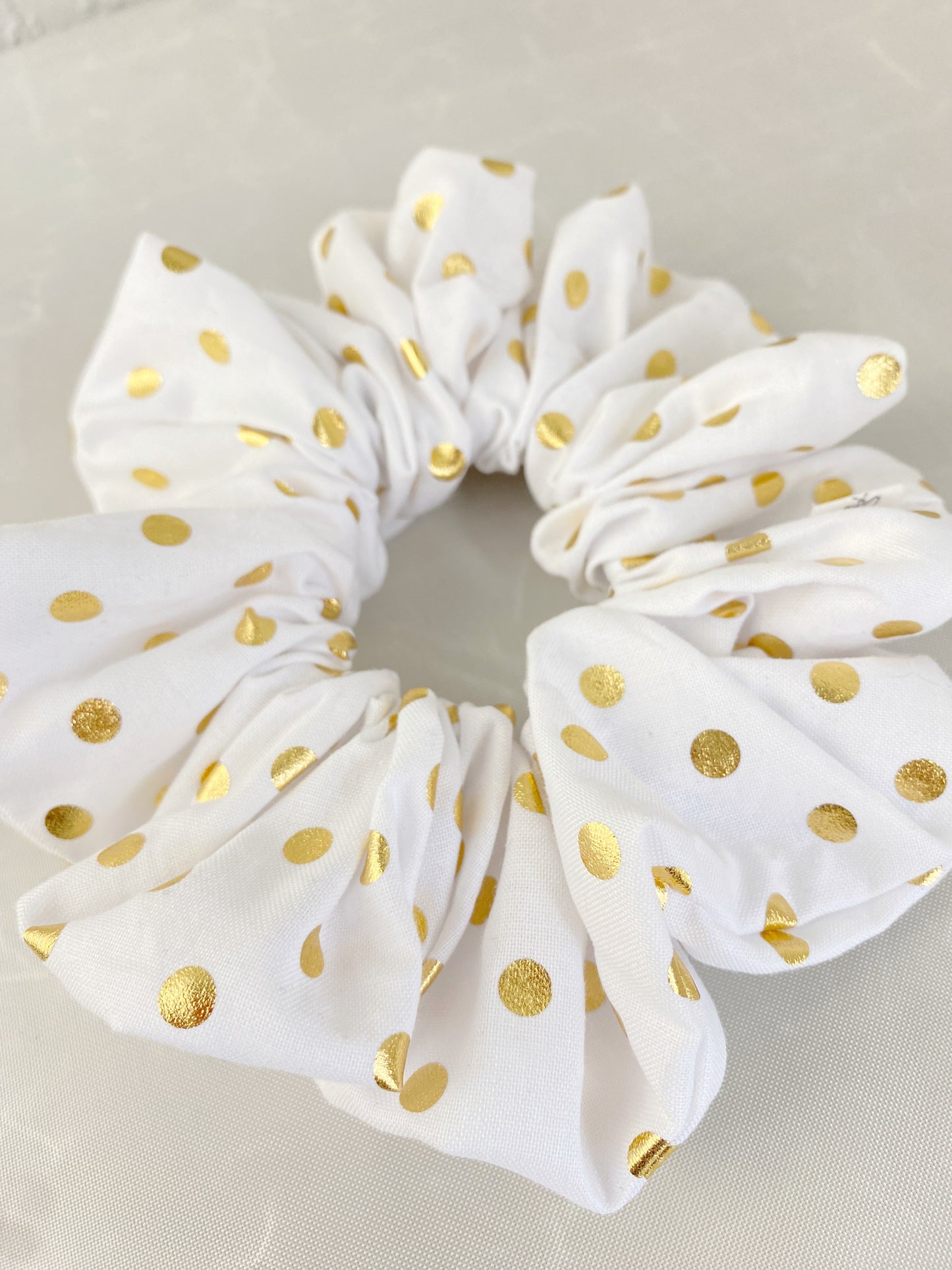 White with Gold Polkadot Scrunchie Fluffy Hair Tie